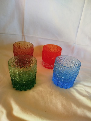Vintage colored glasses used, set of 4 with embossed texture