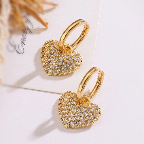 Gold-plated hoop earrings with heart-shaped zirconia charm, new