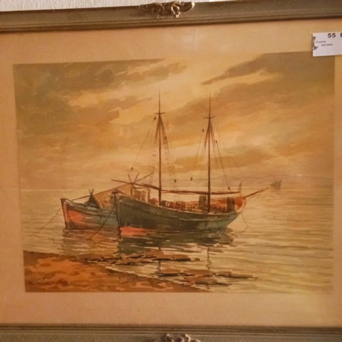 Υδατογραφία Κ. Σοφιανόπουλου σαν καινούργια, θαλασσογραφία με κορνίζα εποχής
