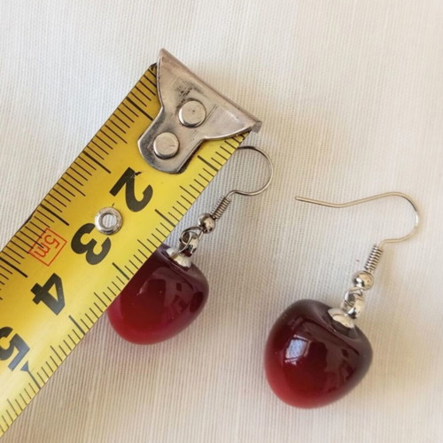 Red cherry-shaped dangle earrings, stainless steel hooks
