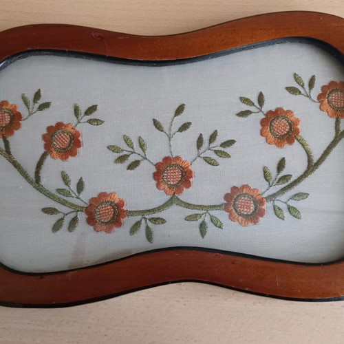 Wooden embroidered antique tray with metal handles like new