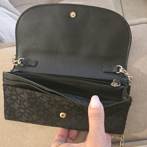 DKNY wallet and clutch used, black with shoulder chain