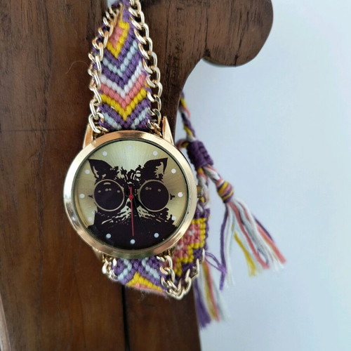 Wristwatch like new with handmade colorful strap and cat dial