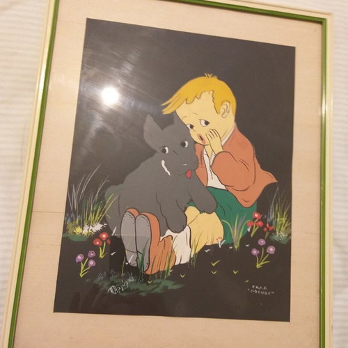 Collectible framed pictures used with glass Nounou 1970s set of 2