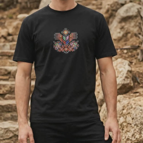 Men's T-shirt with Bulgarian embroidery Kanatitsa, new, black and turquoise