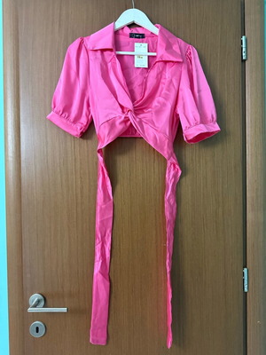 Cropped shirt new, pink, satin style tie back