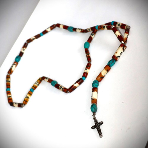 Rosary necklace new with carved bones, semi-precious stones and 925 silver cross