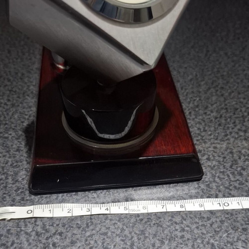 Vintage office set with rotating cube clock, thermometer & hygrometer on wooden base like new