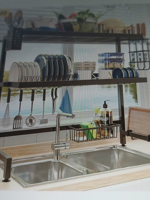 Metal over-sink dish rack with organizer, black, rust-resistant