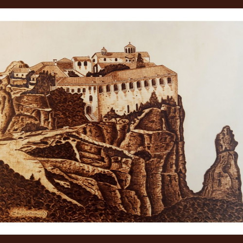 Pyrography painting Meteora Ag. Stefanou Monastery new on linden wood
