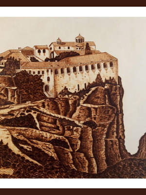 Pyrography painting Meteora Ag. Stefanou Monastery new on linden wood
