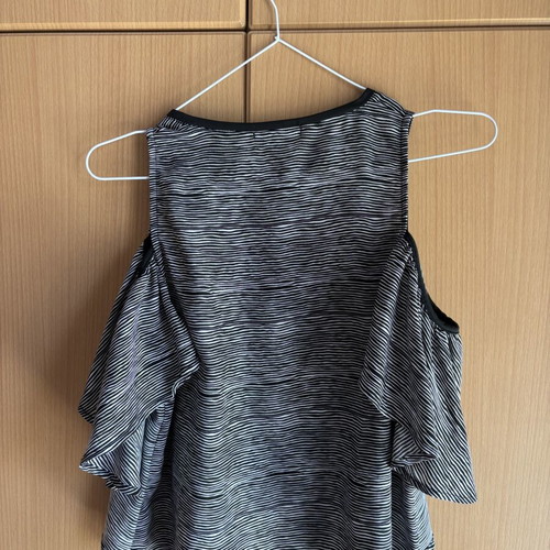 Jennyfer cold shoulder blouse with ruffles, black and white stripes