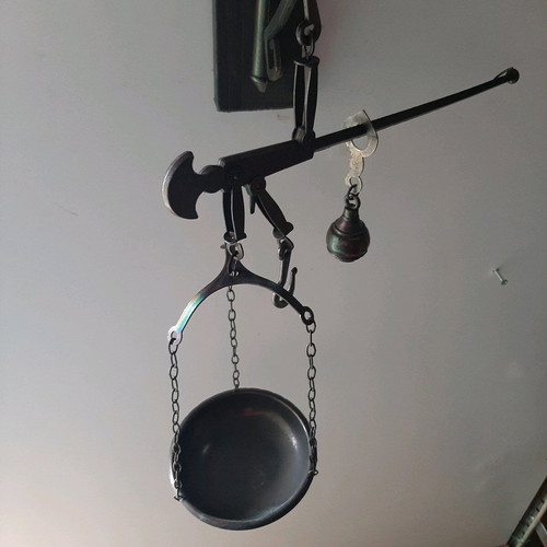 Vintage metal balance scale new with wooden wall mount