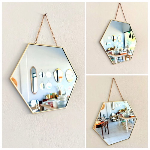 Hexagonal mirror with gold frame and chain new