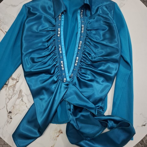 Angelo Psarros Satin Top with Rhinestones Petrol Blue Size 3 like new
