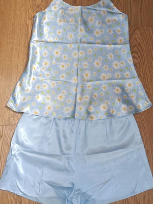 Satin summer pajamas like new blue floral set with hole