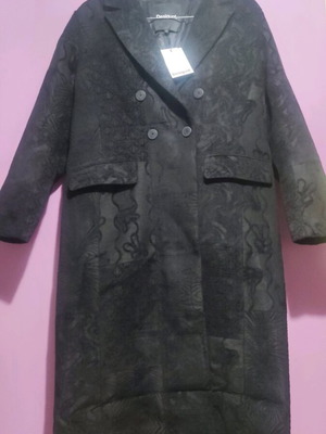 Desigual Long Women's Coat New, Black Jacquard Texture, Size L