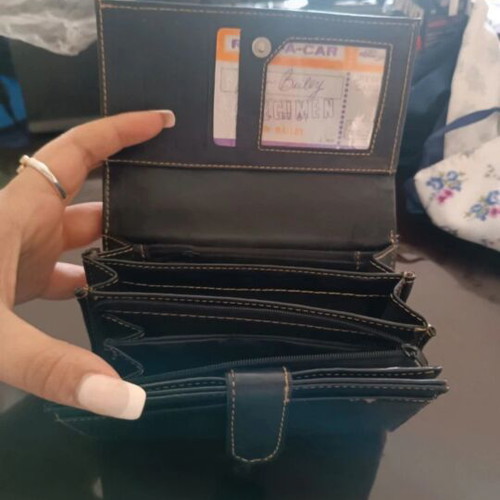 Vintage black leather wallet used with embroidery and multiple compartments