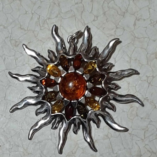 Sun pendant with Baltic amber in 925 silver, new, unworn