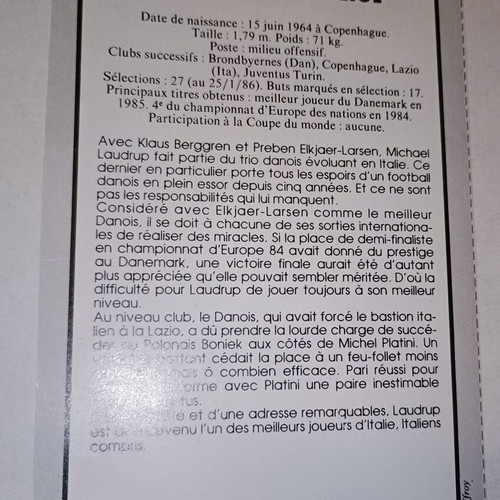 Michael Laudrup 1986 Mondial collectible card like new