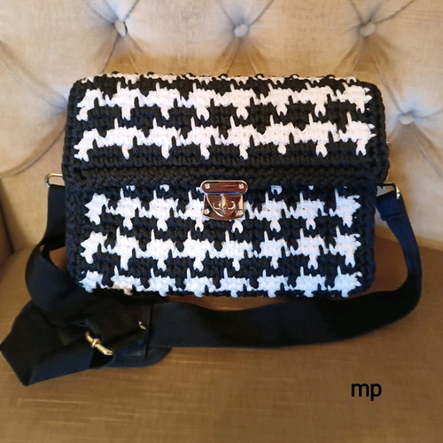 Handmade knitted shoulder bag new, black and white with strap
