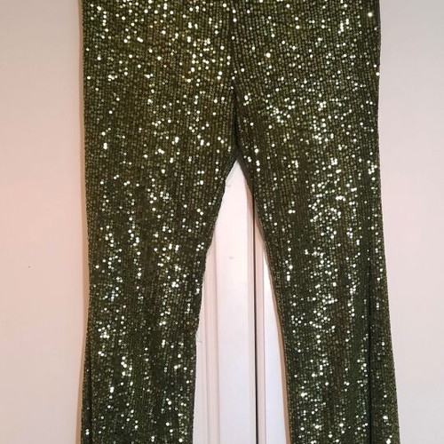 Evening set top and elastic flare pants with sequins, like new, olive green