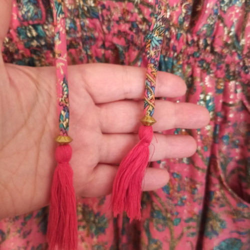 Pink coral dress with multicolor paisley and gold print, Large