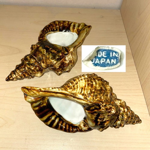 Japanese Ceramic Shells vintage pair with iridescent glaze