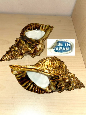 Japanese Ceramic Shells vintage pair with iridescent glaze