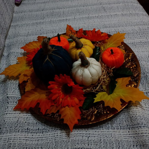 Autumn arrangement with handmade fabric pumpkins set like new