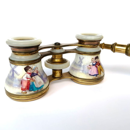 Porcelain brass mother of pearl opera glasses used antique French c.1850-1900