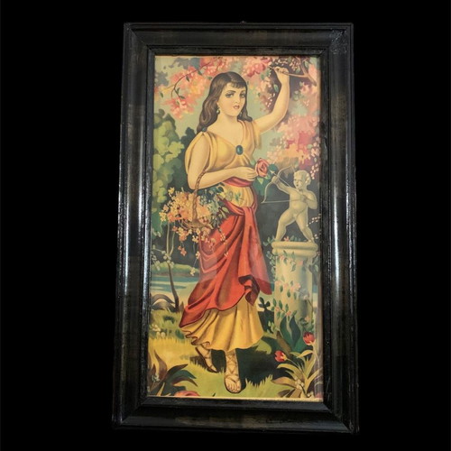 Painting chromolithograph used titled La Femme avec les fleurs in wooden frame