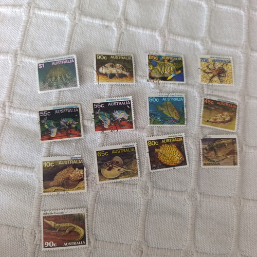 Australian stamps used, pack of 13, marine life and reptiles 1980s