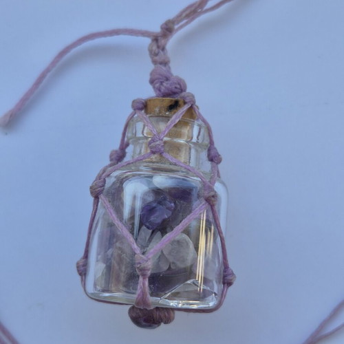 Amethyst pendant bottle necklace with waxed cord