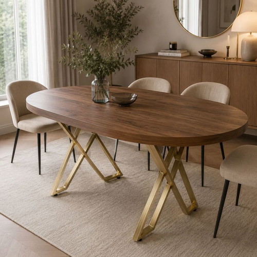 Dining table with walnut surface and gold metal legs 140x80x75 cm
