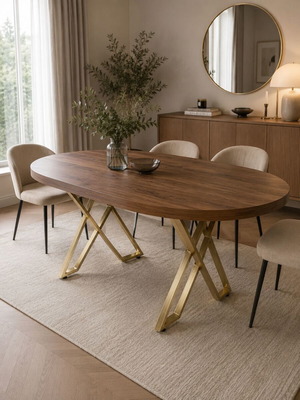 Dining table with walnut surface and gold metal legs 140x80x75 cm