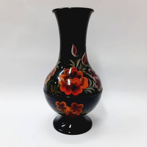 Vintage Korean Black Enamel Vase Steel Inlaid Flowers 23 cm