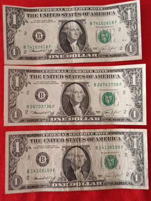 3 Vintage 1 Dollar USA 1974 Banknotes used, original