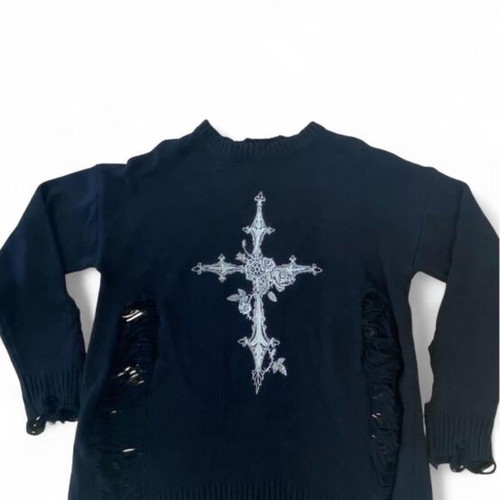 Black distressed sweater with white ornate cross graphic