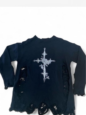 Black distressed sweater with white ornate cross graphic