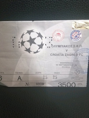 Olympiakos ticket stub used, Croatia Zagreb 30/09/1998