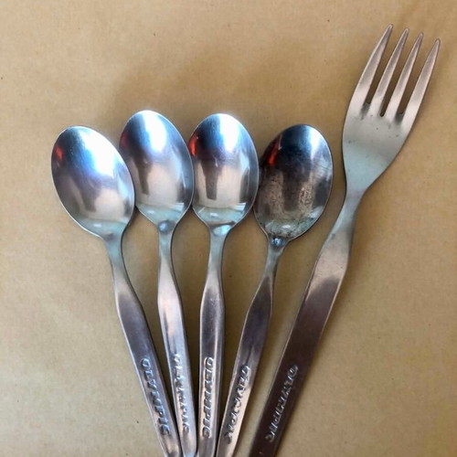 Vintage Olympic Airways cutlery set used, stainless steel, 4 spoons 1 fork
