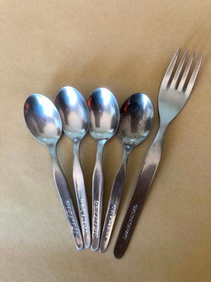 Vintage Olympic Airways cutlery set used, stainless steel, 4 spoons 1 fork