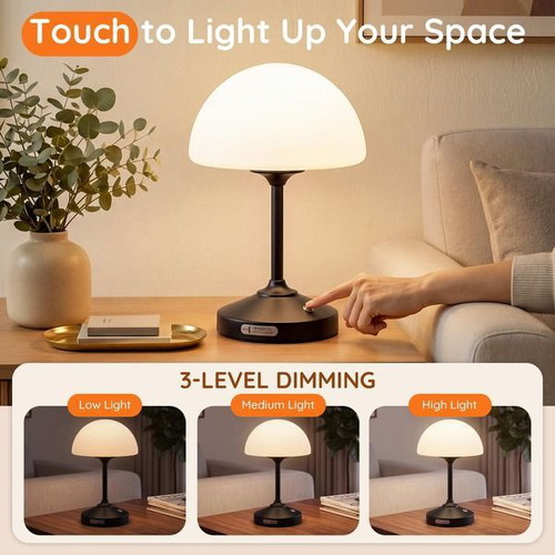 Dawnwake wireless LED mushroom table lamp 5000 mAh, touch dimming, black
