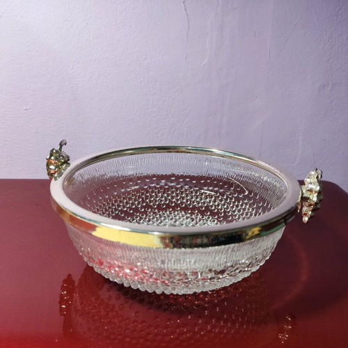 Vintage glass bowl with metal rim and grape handles in like new condition