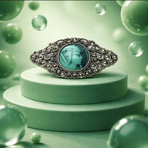 Vintage Silver Brooch with Green Cameo used, neoclassical style