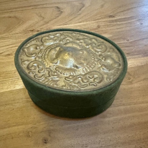 Vintage box used with embossed lid and felt-like texture