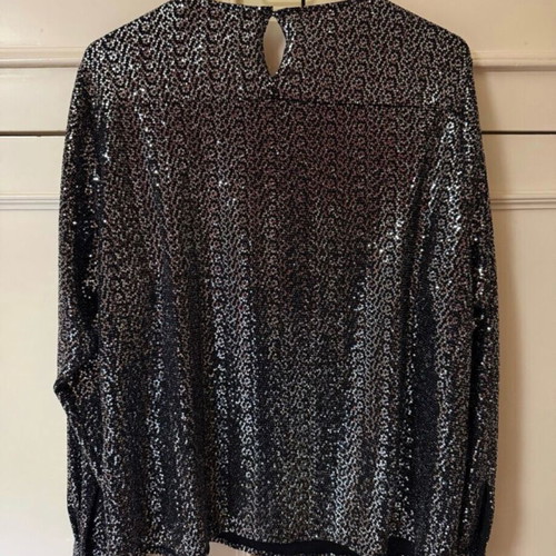 Zara Long-Sleeve Sequin Blouse New, Black with Silver