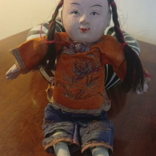 Chinese doll with traditional silk costume 1920s used