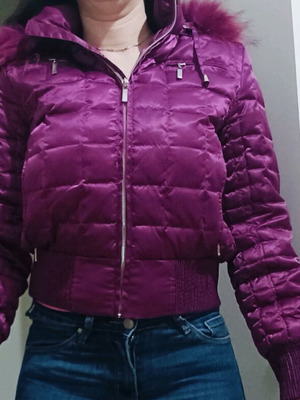 Jacket used medium purple with 50% down, detachable hood and fur